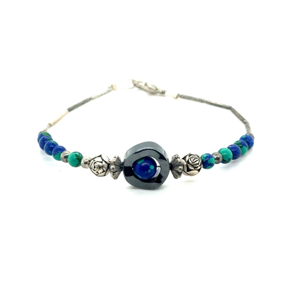 Azurite Malachite Hematite Beaded Bracelet  Silver Rose Accents 7.25 Inch (E5)